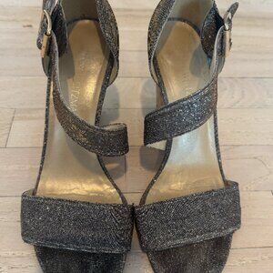 Stuart Weitzman Silver Glitter Cork Wedge Sandals